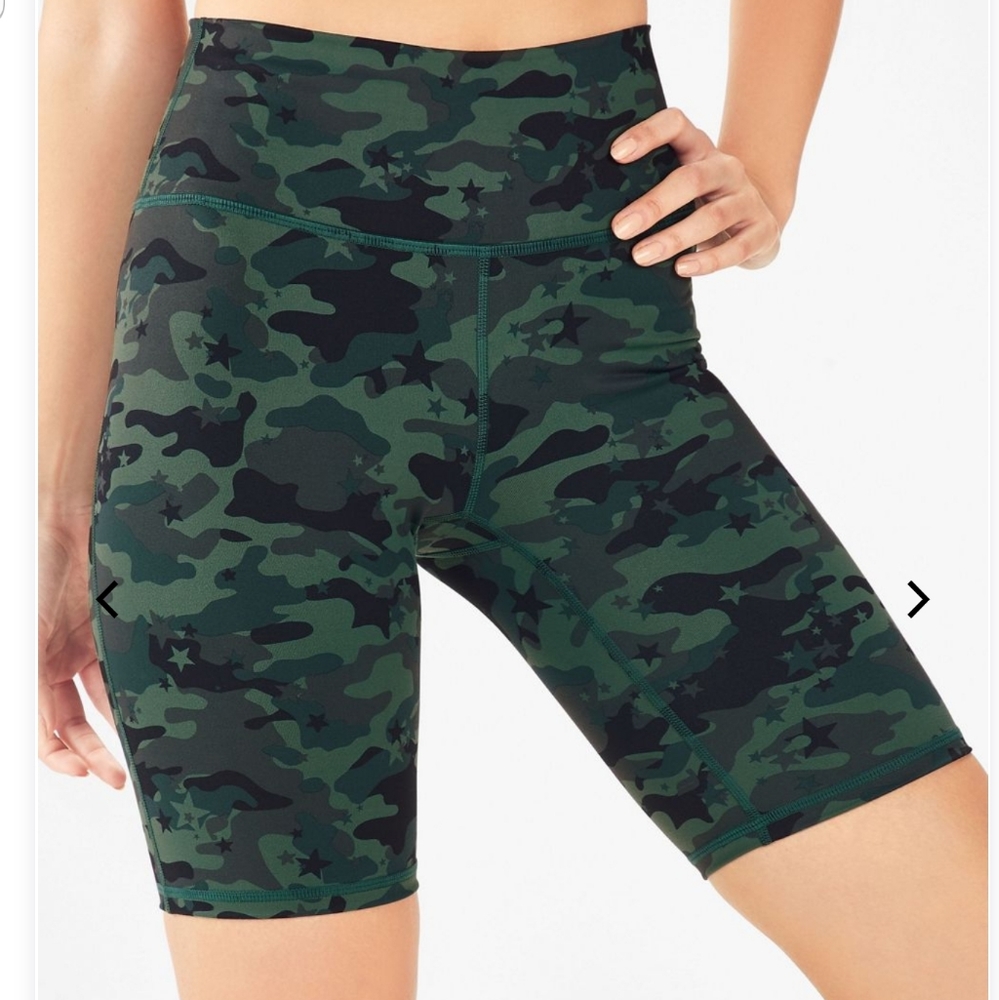 High waisted green camo print shorts